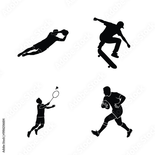 Set of sports silhouettes showing a goalkeeper diving, a skateboarder jumping, a badminton player