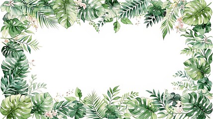 Watercolor frame with tropical palm leaf and exotic flower. Botanical border with green foliage on white background. Invitation card design for wedding, summer party and greeting card.