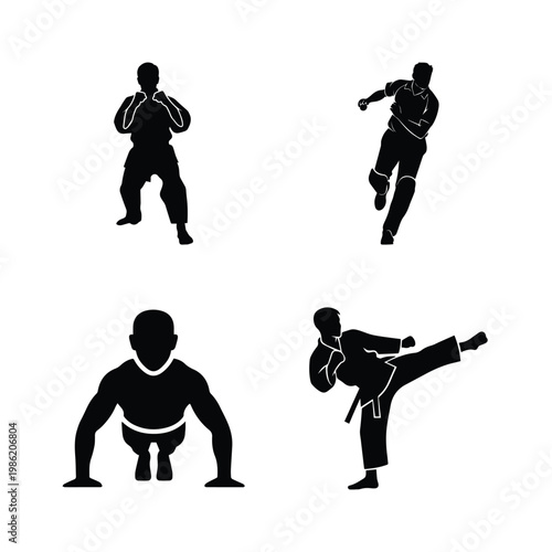 Set of various black human silhouettes on white background, various sports poses collection