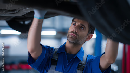 Mechanic inspecting car underside in auto repair shop representing maintenance and automotive service concept.