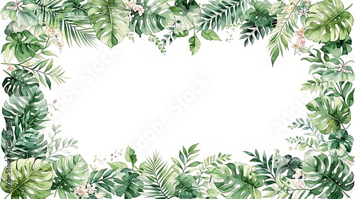 Watercolor frame with tropical palm leaf and exotic flower. Botanical border with green foliage on white background. Invitation card design for wedding, summer party and greeting card.