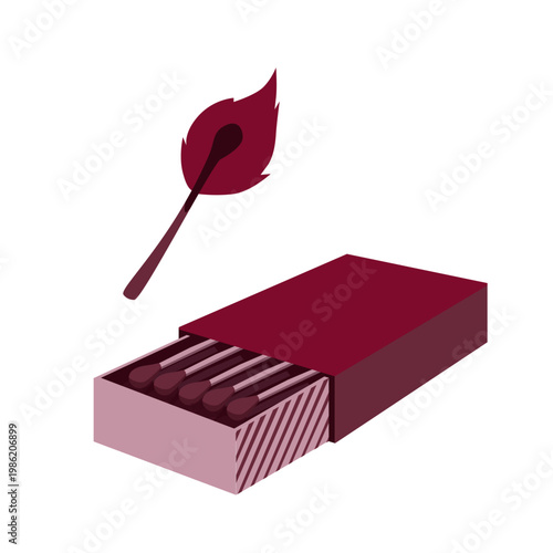 Open matchbox with wooden matches and burning match flame isometric burgundy illustration isolated on white background