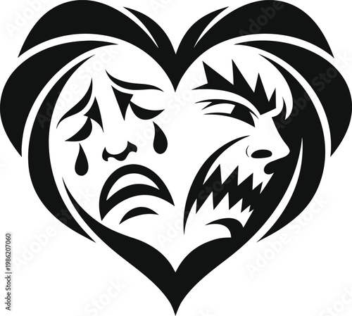 Heart shape with two emotional faces crying and angry showing sadness and rage concepts.