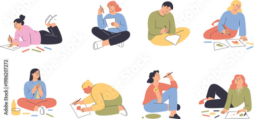 People drawing and painting illustration set with diverse characters sitting on floor sketching and being creative for art therapy and education concept