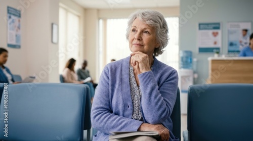 An elderly woman sits in a hospital waiting room, thoughtfully gazing into the distance. She wears a light purple cardigan over a white blouse and holds a folder in her lap.