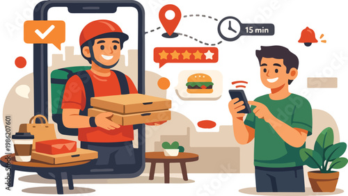 Food Delivery Mobile Application with Real Time Tracking and Customer Interaction Flat Vector Illustration