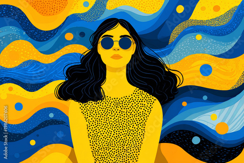 Colorful abstract summer girl with sunglasses on wavy beach background for poster wallpaper and banner design