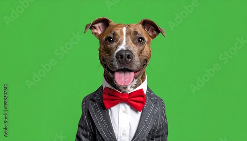 Smiling dog portrait in grey suit with red bow tie against vibrant green background with tongue out, happy expression