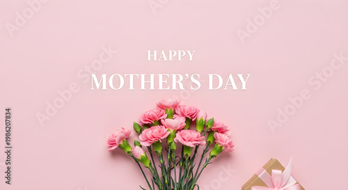 Happy Mother's Day celebration, a beautiful pink carnation bouquet, heartfelt gift for mom, elegant floral greeting card design, festive spring holiday background