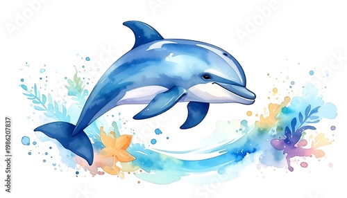 Smiling dolphin illustration, watercolor style, jumping through vibrant splashes of blue, orange, and purple
