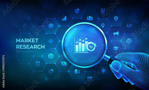 Futuristic market research concept with magnifying glass and digital analysis interface, showcasing business technology and data security in a virtual environment