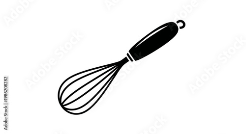 A black kitchen whisk depicted in a simple stark silhouette