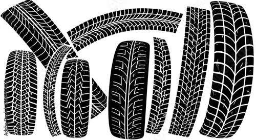 Set of Various Car Tire Tread Patterns and Rubber Tracks