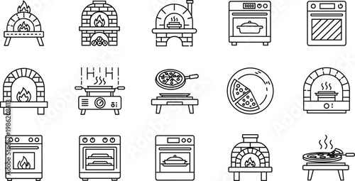 Pizza Oven Icon Vector Collection Featuring Brick Ovens, Kitchen Appliances, Stovetops, and Baked Food Designs
