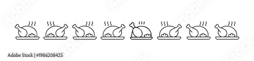 Set of roasted hot chicken whole chicken drumstick flat line icons, black and white minimal simple
