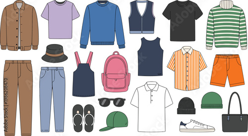 Coffee and breakfast drink collection with latte art iced coffee hot chocolate and matcha tea in various mugs and glasses vector illustration