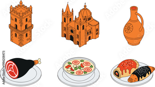 Portuguese Culture Vector Collection Featuring Belém Tower, Jerónimos Monastery, Ceramic Jug, Traditional Ham, Salad, and Pastries