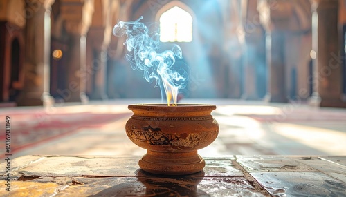 Incense burner emits smoke in a dim, ancient stone hall