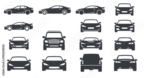 Set of Car Icons and Vehicle Silhouettes in Various Views