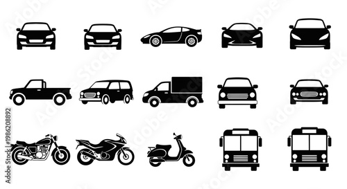 Set of Various Vehicle Icons and Transportation Silhouettes