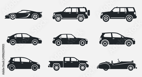 Set of Various Car Silhouettes Icons