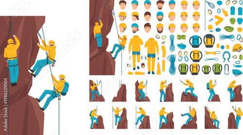 Rock climbing set with climber characters equipment gear ropes helmets and mountaineering activity scenes adventure sport illustration collection