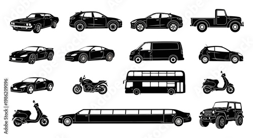 Set of Various Vehicle Silhouettes Including Cars, Buses, and Motorcycles