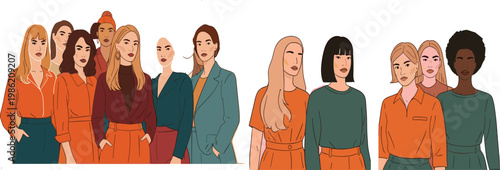 Group of diverse women characters with modern fashion style portraits female empowerment multicultural beauty illustration collection