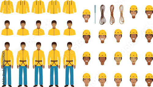 Industrial worker character set with safety helmet harness equipment ropes and uniform variations construction profession illustration collection