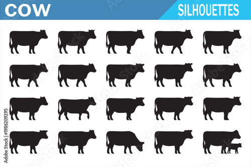 Black cow silhouette pack with cattle shapes isolated on white background