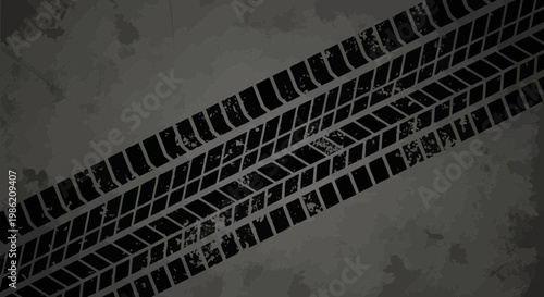 Grunge Tire Track Imprint on Dark Textured Background