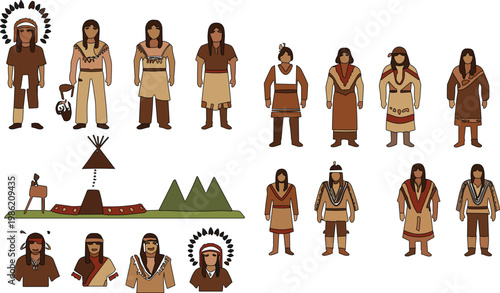 Native American people characters set with traditional clothing tribal culture elements teepee and historical indigenous lifestyle illustration collection