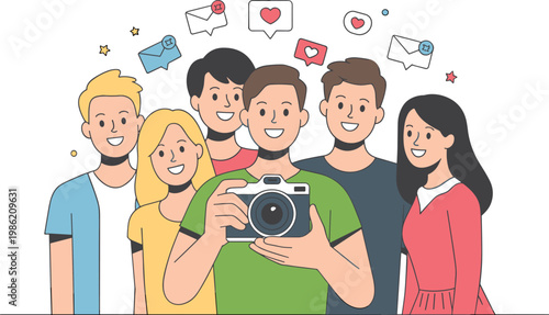 Happy diverse people group holding camera with heart and mail icons for social media community engagement and shared content creation vector illustration