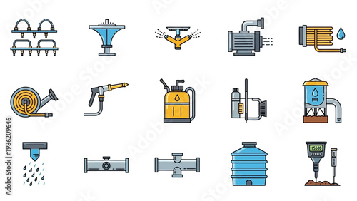 Collection of Various Industrial Equipment Icons.