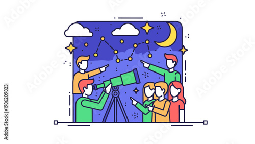 Group of People Stargazing with Telescopes.