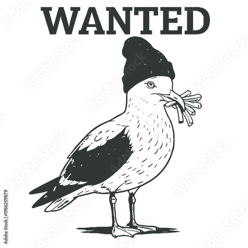 A seagull wearing a beanie and holding a fish