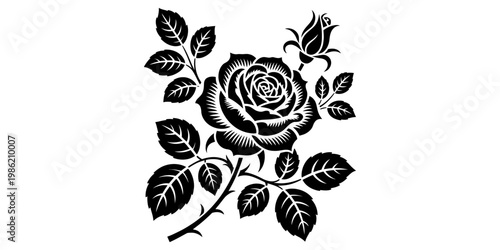 Black and white rose flower illustration with leaves and a single bud on white background Vector, illustration