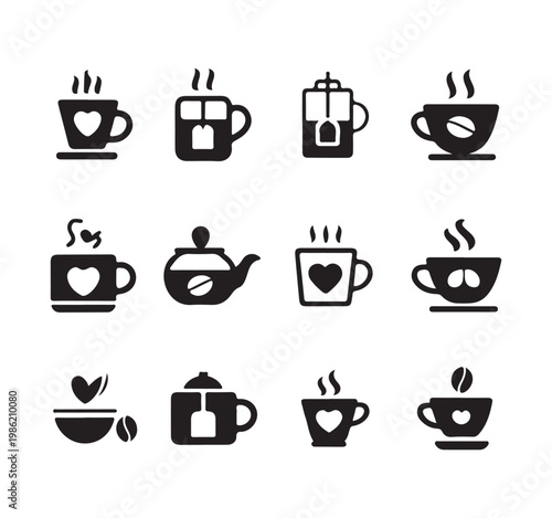 Coffee and tea icons featuring steaming mugs hearts and teapots symbolizing warmth romance and delicious beverages