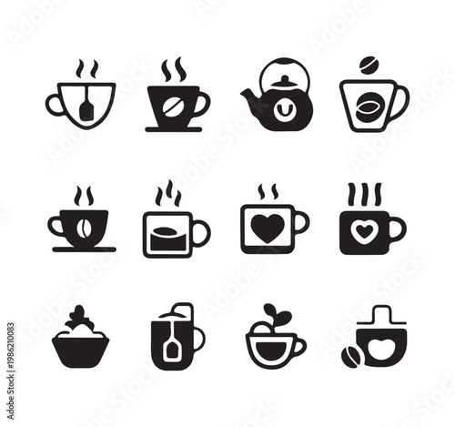 Hot beverage icons set featuring steaming coffee cups teabags teapots and sweet whipped cream for cafe menu designs