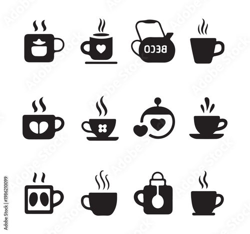 Set of various coffee cups tea kettles and hot drink icons with heart decorations isolated vector illustration