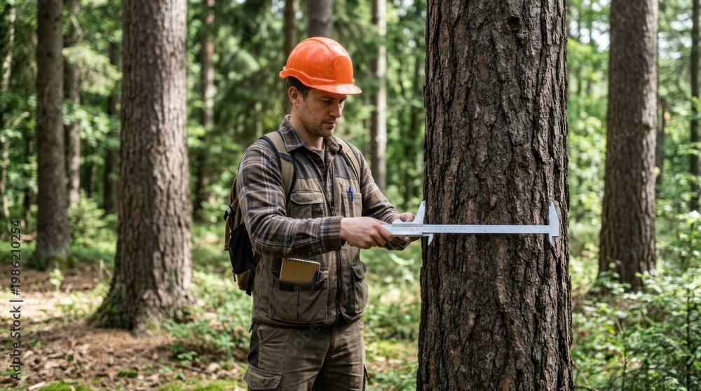 Fototapeta premium A forestry worker measures the circumference of a tall tree in a dense forest. He wears a bright orange hard hat, a plaid shirt, and a backpack.