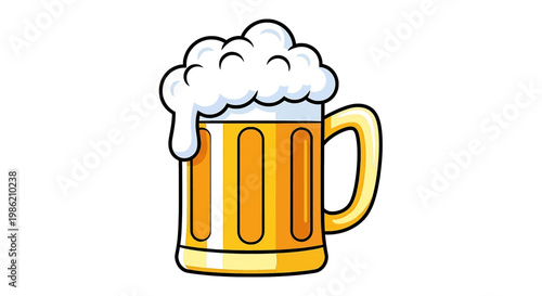 Refreshing pint of golden beer with frothy white foam in a clear glass mug, flat design vector illustration