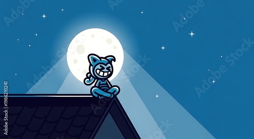 Animated cartoon creature, smiling, cross-legged on a rooftop at night under a full moon and stars. Peaceful, joyous scene