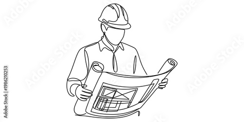 A single continuous line drawing of a construction engineer wearing a helmet checking blueprints Vector, illustration
