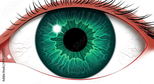 Vibrant green human eye close-up with sparkling pupil and detailed iris, vector illustration