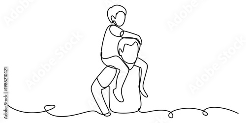 Single line drawing of a father carrying his young son on his shoulders in a minimalist style. Vector, illustration