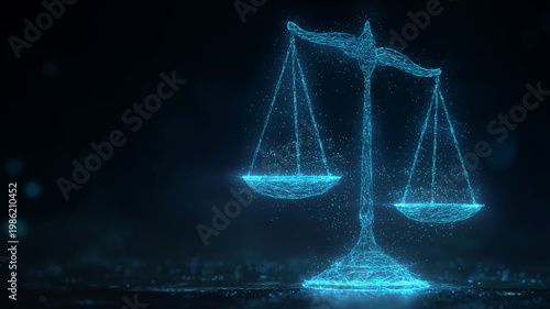 Futuristic holographic scales of justice glowing in blue particles, legal technology concept, cyber law, digital balance, virtual court symbol on dark background