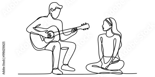 Minimalist continuous line drawing of a musician playing acoustic guitar for a woman listener. Vector, illustration