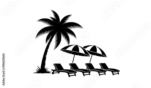 Tropical beach silhouette with palm tree umbrellas and lounge chairs black vector relaxing vacation scene