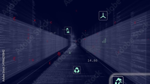 Camera advancing down corridor, causing cyan icons shifting, scaling, updating and showing metrics